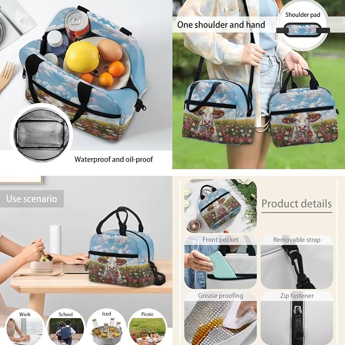 Cow Print Schoolbag for Girls，4Piece Flower Cow School Backpack with Insulated Lunch Box Pencil Case Bottle Holder Bag for Kindergarten，Primary Students - Image 5