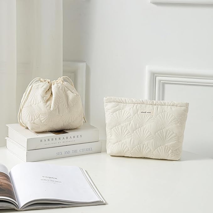 RSRSLEII Quilted Cotton Coquette Drawstring Makeup bag, Coastal Granddaughter Aesthetic Cosmetic Bag, Cute Seashell Portable Travel Toiletry Pouch (Drawstring White) - Image 5