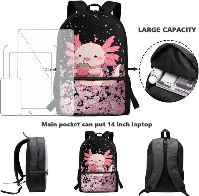 Axolotl School Backpack for Girls 6-8 Years Old with Lunch Bag Elementary Strawberry School Backpack Kids Lunchbox Set 4 Piece Bookbag/Lunch Box/Pencil Case/Water Bottle Holder - Image 4