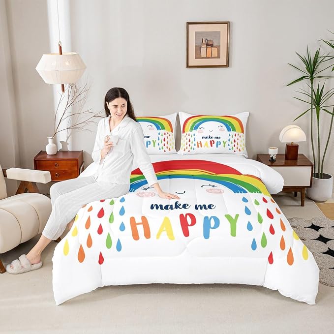 Erosebridal Rainbow Comforter Set Queen Size, Cartoon White Colorful Rainbow Bedding Set for Kids Girls Boys Children, Kawaii Quilted Comforter Ultra Soft Decorative 3 Piece with 2 Pillow Cases - Image 5