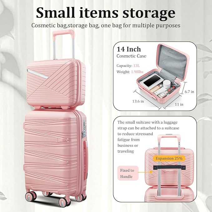 TRAVELEO 4 Piece Carry On Luggage Set 20 Inch, Expandable PP Hardshell Suitcase with Detachable Spinner Wheels & TSA Lock, Includes Cosmetic Case, Travel Tote & Toiletry Bag, Lightweight (Pink) - Image 3