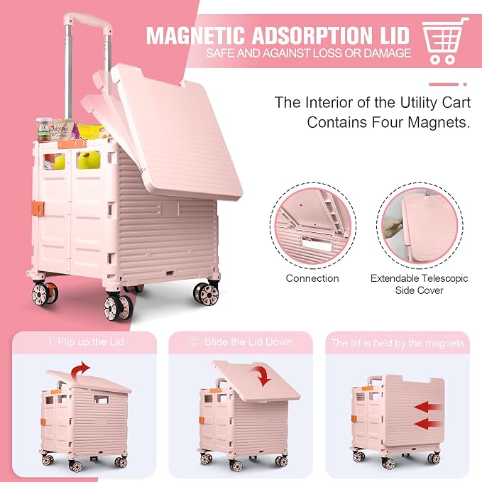 FELICON SELORSS Folding Utility Cart Portable Rolling Crate Handcart-Pink | Magnetic Sliding Lid,Telescoping Handle,Plastic Box Dolly,360°Swivel Wheels for Travel Shop Move Laundry Office Teacher Use - Image 2