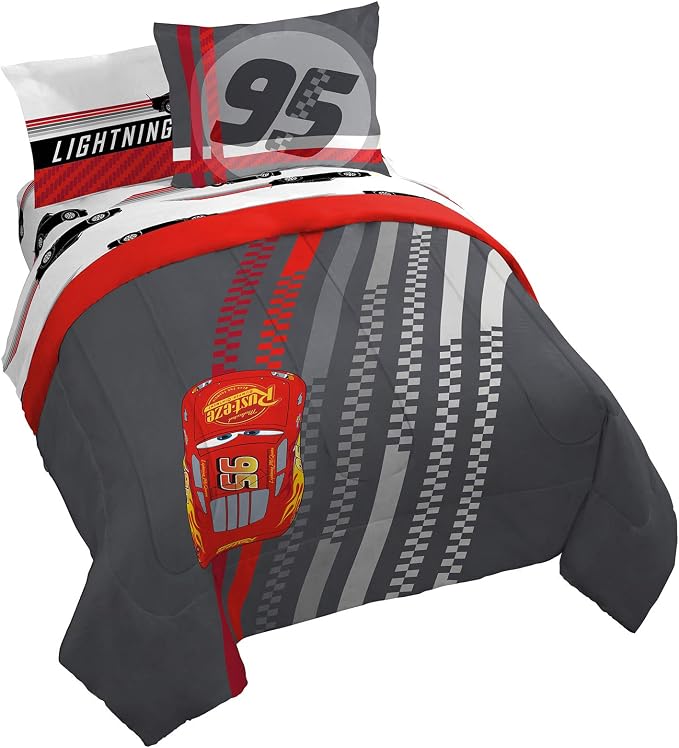 Disney Pixar Cars McQueen Queen Comforter Set 7 Piece Kids Bedding, Gray | Mater, Bed in a Bag, Comforter Sheets Shams Pillowcases, Official Brand, Soft Microfiber, Machine Washable, Boys Gift by JayFranco
