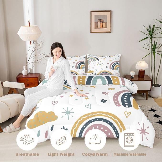 Girls Rainbow Comforter Set Full Size, Kawaii Decor Bedding Set For Kids Boys Children Teens Bedroom Decor, Iridescent Sun Duvet Insert Hand Drawn Rainbow Down Comforter All-Season Quilt, Colorful - Image 3