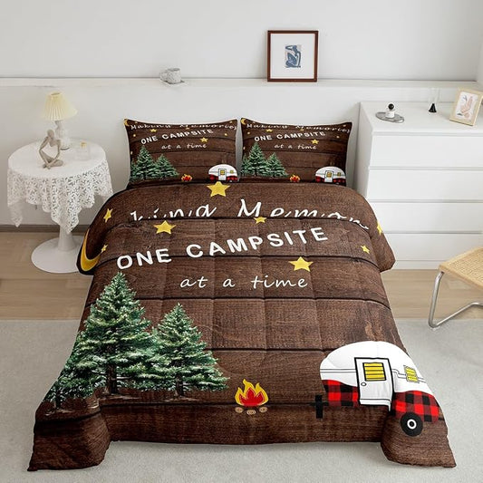 Camping Comforter Full for Kids Boys Girls Adult Teens,Camper Bedding for Travel Trailers,Happy Camping Starry Sky Down Comforter Warm,Retro Barn Door Moon Stars Quilted Duvet with 2 Pillowcases by Erosebridal