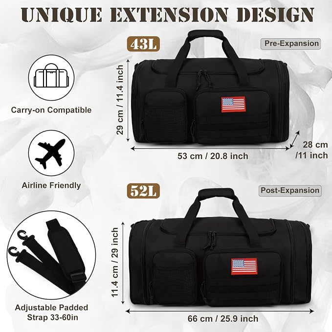Tactical Duffle Bag For Travel Expandable 52L Large Duffle Bag For Men Gym Duffel With Wet Pocket Multi-Functional Carry On Bags Weekender Overnight Bag Organizer Duffel Bag For Travel - Image 4