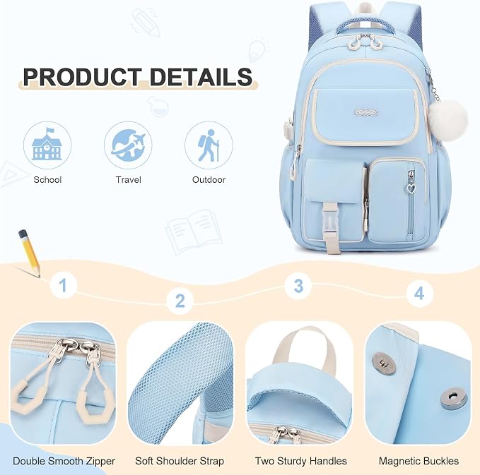 DIGOBAY Backpacks for Girls, 3PCS School Backpack with Lunch Box Pencil Pouch for Teen Girls Kids Elementary Primary Middle High College Travel School bag Bookbag Set （Blue） - Image 5