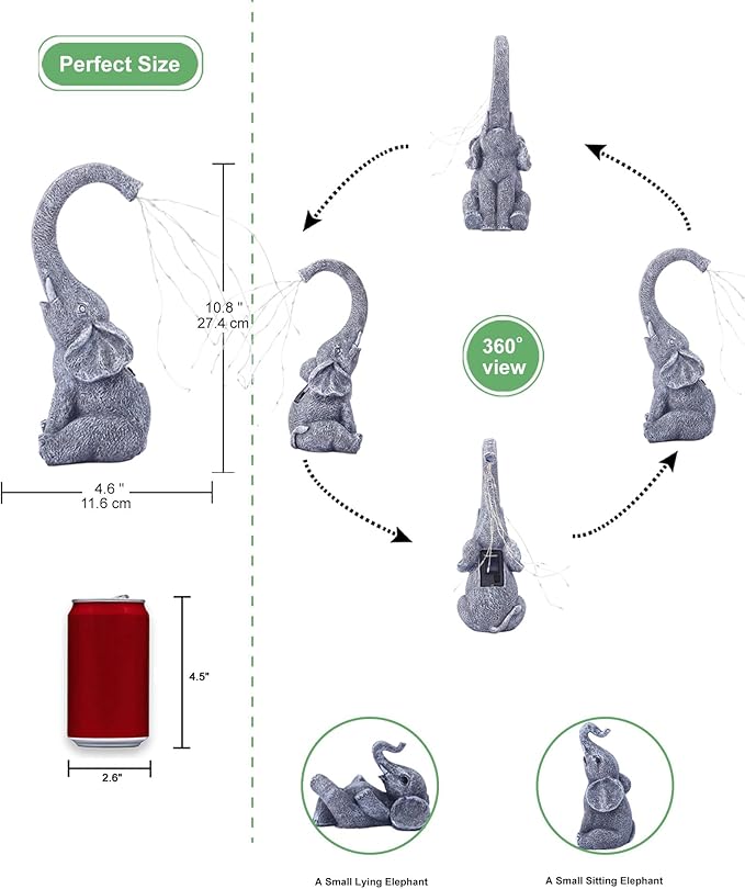 Qeeman Solar Elephant Statue Family Set 3Pcs: IP44 Weatherproof Outdoor Tricolour LED Lights Decor - Paths Patio Backyard Garden Sculpture Ornament for Mom Grandma Women