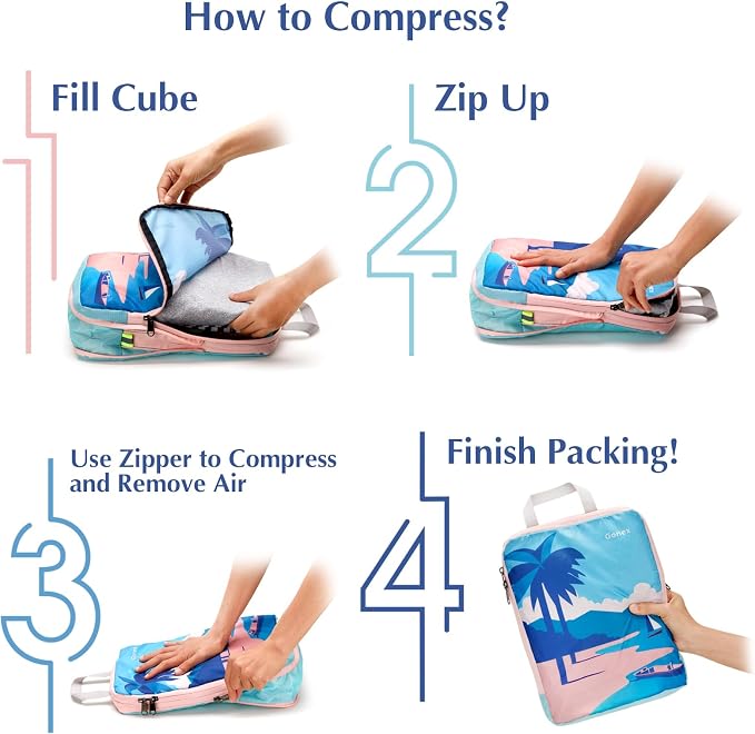 Gonex Compression Packing Cubes, 4pcs Expandable Storage Travel Luggage Bags Organizers, Travel Cubes for Suitcase Carry On (Coconut Palm) - Image 6
