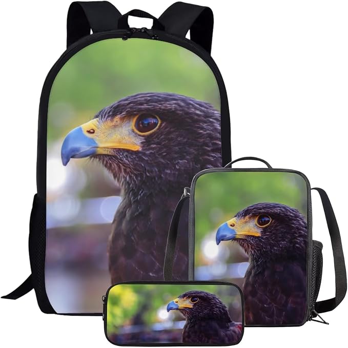Girls Boys School Backpack with Lunch Box Pencil Case Comfy Padded Lightweight Bird Harris Hawk Backpack Set Kids Cute Bookbag Insulated Lunch Bag Student Large Capacity Daypack 17 Inch by Parprinty