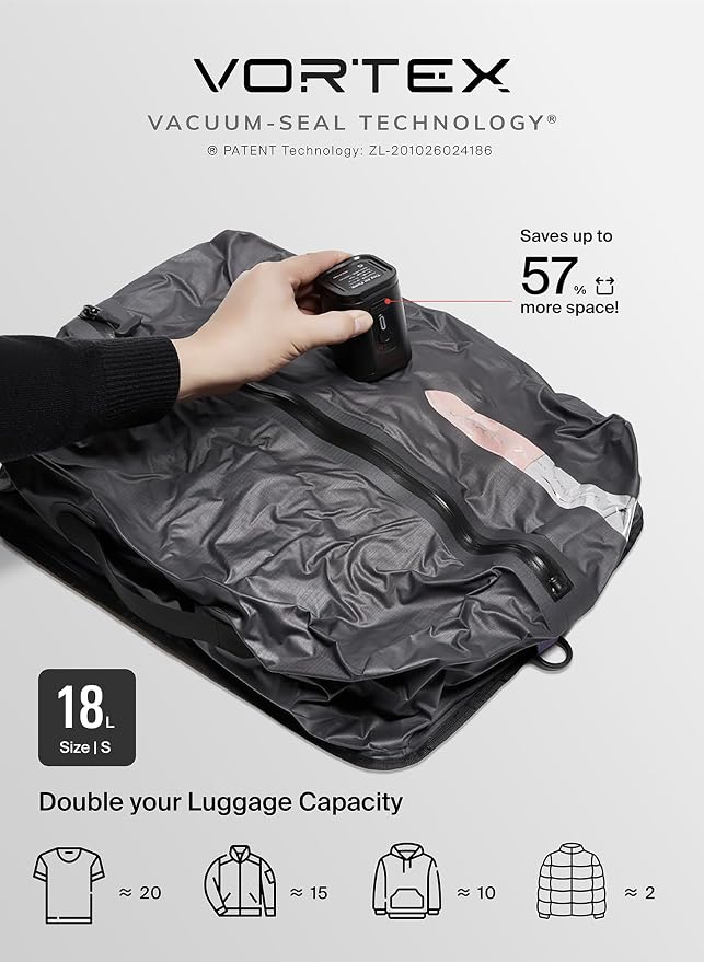 Black Voyage Reusable Vacuum Compression Travel Bag for Carry-On Suitcase and Backpack, Recycled IPX8 Waterproof Space Saver Vacpack (1-Pack, 18L - Pump Included) - Image 3