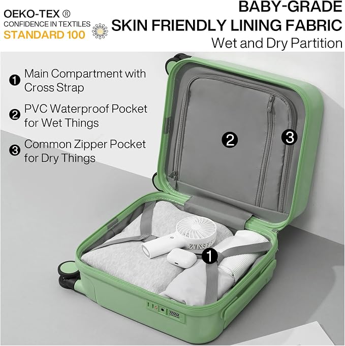 mixi 14 Inch Underseat Luggage Carry on Suitcase Free Boarding Personal Item Suitcases with Spinner Wheels Hardshell Lightweight PC for Short Travel, Avocado Green - Image 5
