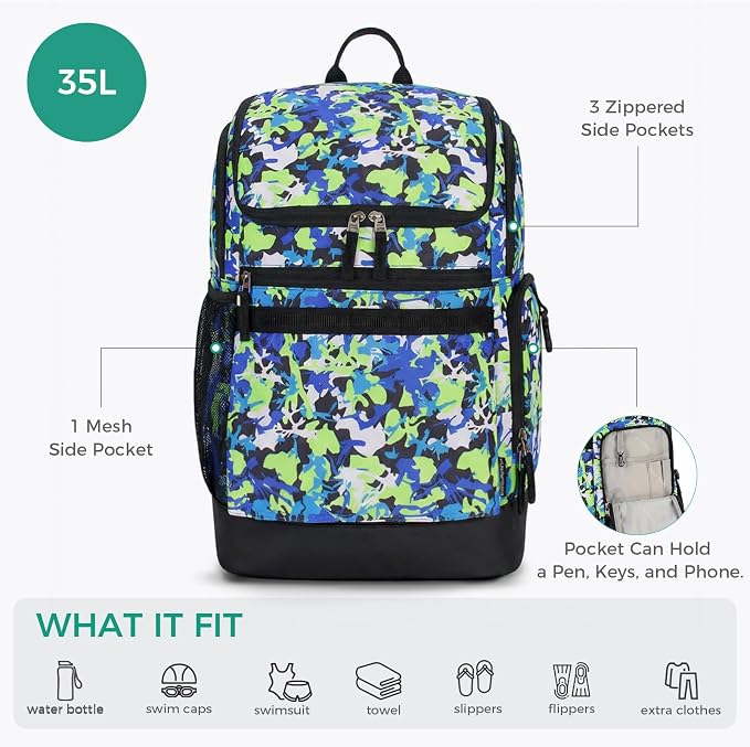 Choco Mocha Swim Bag for Kids Swim Bag for Swimmers, 35L Waterproof Boys Swims Backpack with Wet Dry Compartments, Organized Pool & Beach Bags, Fade Blue - Image 4