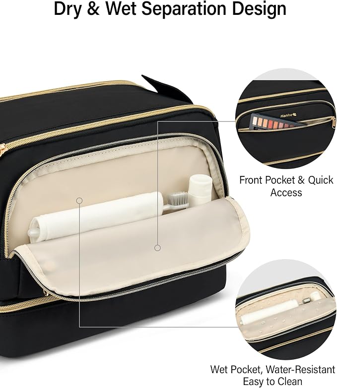 Hanke Travel Toiletry Bag, Lightweight Wide-open Makeup Bag, Dual-Layer Travel Bag for Toiletries Water-Resistant Cosmetic Bags Large Toiletry Bags for Women & Men, Travel Essentials, Black - Image 4