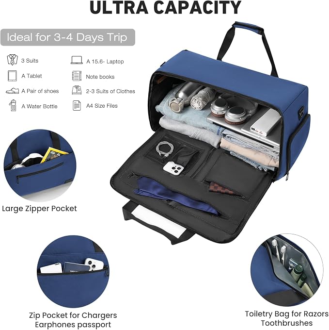 Garment Duffle Bags for Travel,Convertible Garment Bag with Shoes Compartment,Suit Carry-on Bag Expandable with Shoulder Strap for Men and Women Business Trip,Weekend,Wedding(Blue) - Image 3