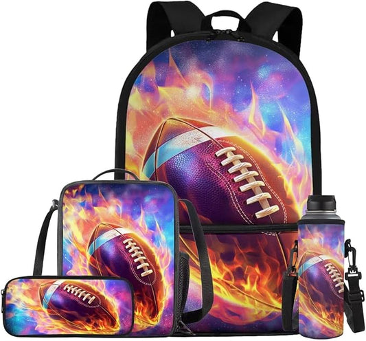 Galaxy Football Backpack for Boys Kids Backpack with Lunch Box Water Bottle Holder with Strap and Soft Pencil Case 4PCS Set Bookbag with Front Pocket for School 17" Sturdy School Bag for Girls by ELEDIZI