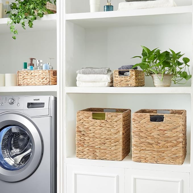Vagusicc Wicker Storage Basket, Set of 2 Water Hyacinth Storage Baskets for Organizing, 11x11x11 Storage Cube Bins, Wicker Storage Cubes, Natural Foldable Square Baskets for Shelf Laundry Organizer - Image 5