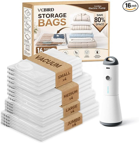 Vacbird Vacuum Seal Bags for Clothing, 16 Pack Vacuum Storage Bags with Rechargeable Cordless Air Pump(4J+4L+4M+4S), Space Saver Bags for Clothes Blanket Duvets Pillows Comforters Travel by Vacbird