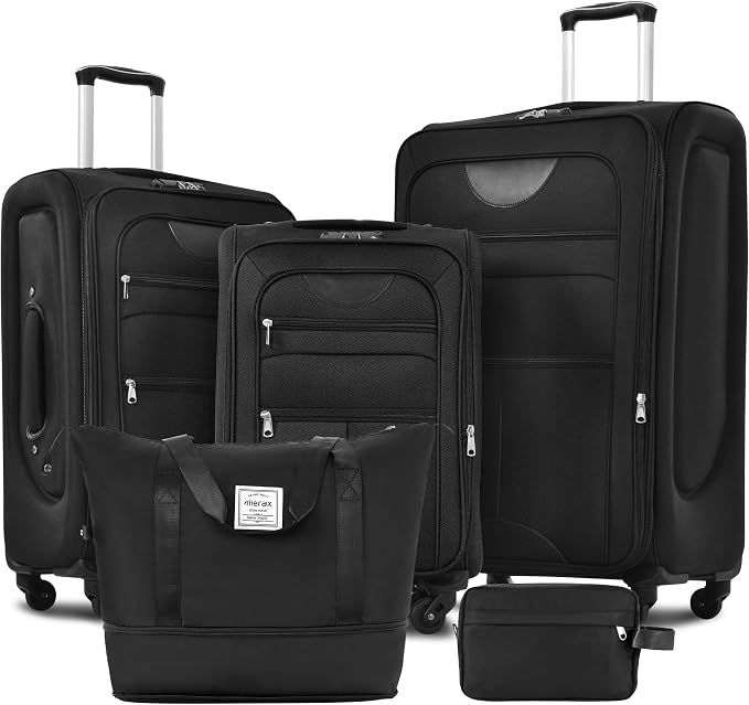 Merax Softside Luggage Set Lightweight 3 Piece Suitcase with Duffel Bag | Expandable Upright Travel Spinner Luggage 22" 26" 30",Black by Merax