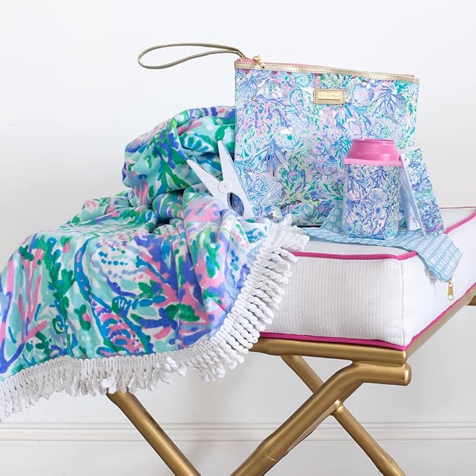 Lilly Pulitzer Water Resistant Vinyl Beach Day Pouch, Zipper Bag Includes Drink Hugger, Small Pouch, and Towel Clips - Image 3