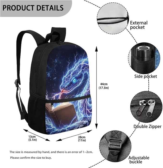 Lightning Snake School Backpack Boys Cool Bookbag Kids 6 7 8 9 10 11 12, 4 Piece Backpack Set with Lunch Box and Pencil Case Back to School Supplies, Adjustable Padded Strap - Image 3