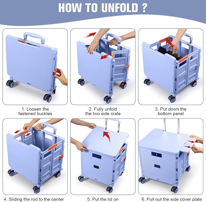 FELICON SELORSS Folding Utility Cart Portable Rolling Crate Handcart-Blue | Magnetic Sliding Lid,Telescoping Handle,Plastic Box Dolly,360°Swivel Wheels for Travel Shop Move Laundry Office Teacher Use - Image 5