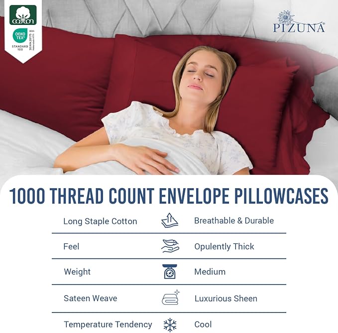 Pizuna 100% Cotton Pillow Cases Queen Size Set of 2 Luxury 1000 Thread Count Sateen Weave Long Staple Cotton Hotel Quality Envelope Closure Pillow Covers Fits Standard/Queen Pillows - Rio Red - Image 2