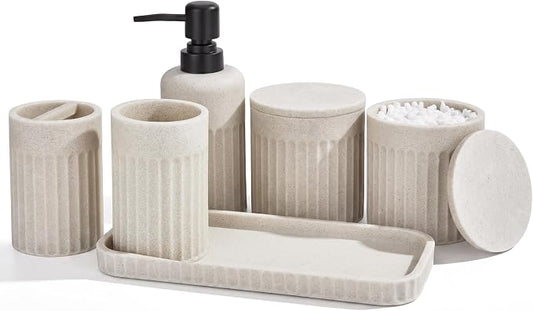 INIUNIK Bathroom Accessory Set, 6 Pieces, Beige | Resin, Bathroom Accessories Set, with Soap Dispenser Set, Toothbrush Holders, Tumbler, Vanity Tray & 2 Qtip Holder by INIUNIK