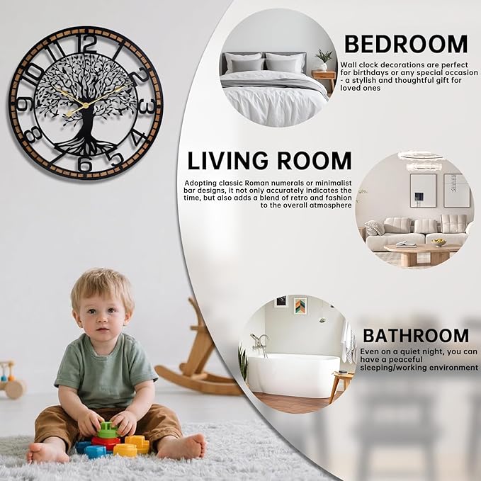 Tree of Life Wall Clock, 24Inch Metal Black Family Tree Oversized Wood Wall Clocks for Living Room Bedroom Home Decor, Modern Silent Mid-Century Battery Operated