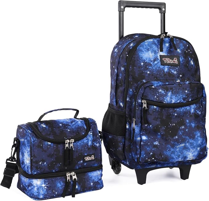 Tilami Rolling Backpack 18 inch Double Handle with Lunch Bag Wheeled Kids Backpack for Girls and Boys, Galaxy Blue by Tilami