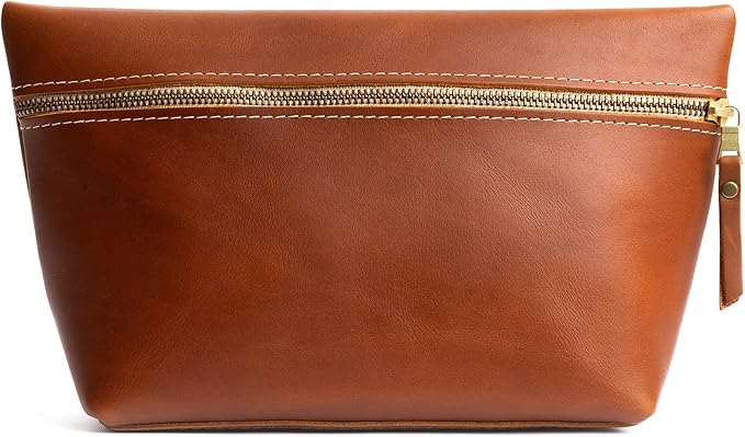 Portland Leather Goods Makeup Bag – Travel Friendly Cosmetic Bag with Zipper Closure for Organizing Makeup & Toiletries – Handmade from the Finest Full-Grain Hides – Extra Large, Honey by PortlandLeatherGoods