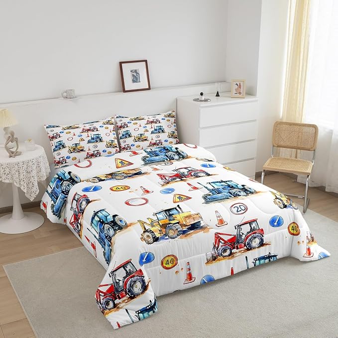 Erosebridal Boys Tractor Comforter Set Twin, Kids Construction Excavator Down Comforter Equipment Truck Duvet Sets for Boys Girls Children, Heavy Vehicle Crane Bedding Set with 1 Pillow Case - Image 2