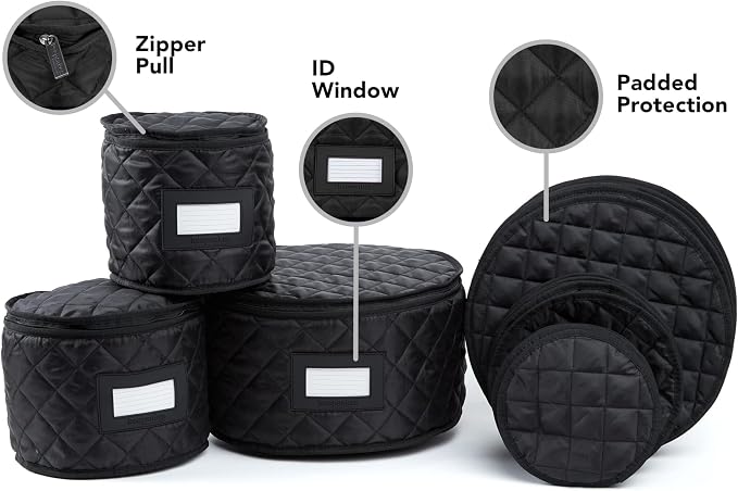 Covermates Keepsakes Dish Storage Set – Padded China & Dinnerware Storage Cases with Dividers, Cup & Stemware Storage, Quilted Polyester Protection, ID Window, Black - Image 2