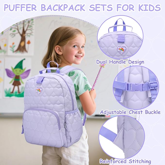 Chase Chic Toddler Backpack for Girls, Puffer Cute Lightweight Preschool Backpack with Lunch Box Set for Daycare Travel Kids Age 3-6,Purple Heart - Image 6