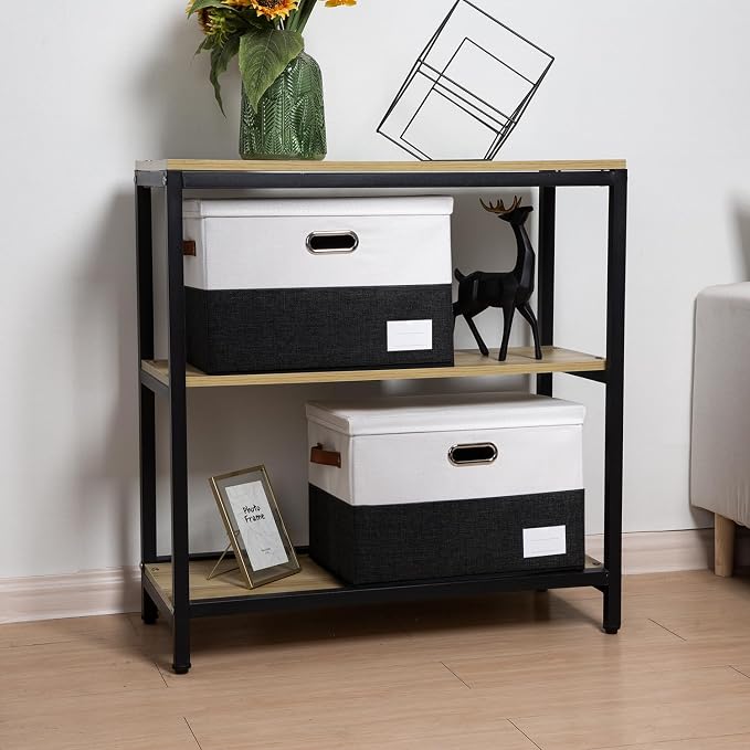 PRANDOM Foldable Storage Bins with Lids [3-Pack] Fabric Collapsible Storage Boxes Baskets Cubes Containers with Handles for Closet Living Room Bedroom (Black & White 17.7x11.8x11.8'') - Image 3