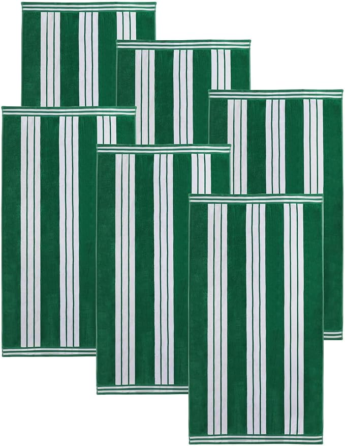 Superior Oversized Cotton Beach Towel Set of 6, Absorbent Towels for Bathroom, Beach, Pool, Swim, Adults, Kids, Vacation, Travel, Bath, Quick Dry Basics, Trip Essentials, Striped Decor, Dark Green - Image 2