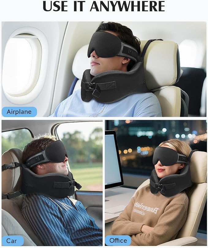 YFONG Travel Pillow for Long Flight Airplane, Head Strap Combo with 3D Contoured Sleep Eye Mask, Neck Pillow for Travel Essential, 360° Support Memory Foam Headrest, Prevent Bobbing, Drawstrap - Black - Image 9