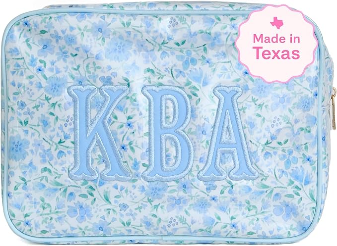 Personalized Clear Coated Pouch - Medium or Large Toiletry Bag with Embroidered or Applique Monogram, Custom Makeup or Travel Organizer, Easy-Clean Cosmetic Bag, Travel Gift for Women (Dahlia, XL) by Sprinkled+With+Pink