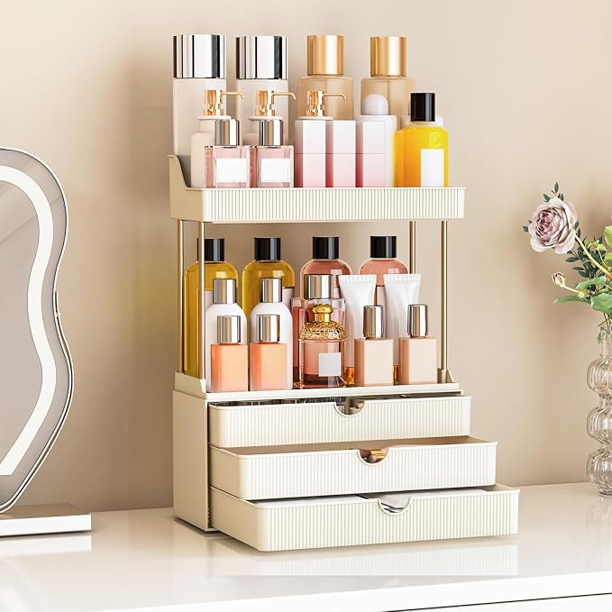 caktraie Bathroom Organizers and Storage - 3 Drawers 2 Tier Makeup Organizer, Cosmetic Storage Drawer for Dresser Countertop and Bathroom Vanity for Large Skincare, Perfume, Cream White - Image 2