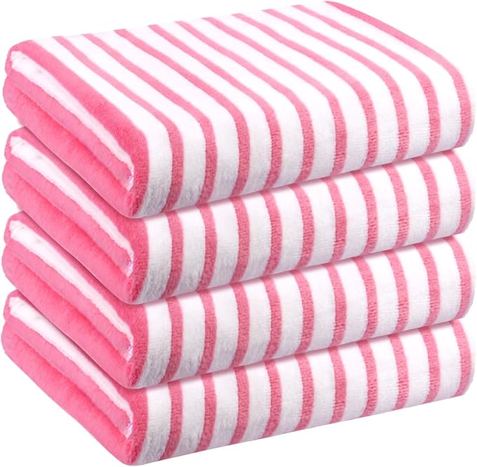 JML Beach Towels, 4 Pack, 30" x 60", Large Microfiber Bath Towel Set, Cabana Stripe, Absorbent, Quick Dry for Salon, Sauna, Hotel, Travel, Sport, Swimming, Pool, Yoga, Camping, Stripe Pink White by JML