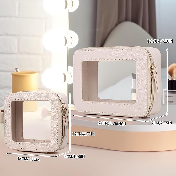 Pinkmik Clear Makeup Bag Waterproof Travel Case for Cosmetics and Toiletries Women's Purse Organizer and Clear Car Bag with Zipper (Beige, M+MINI) - Image 4