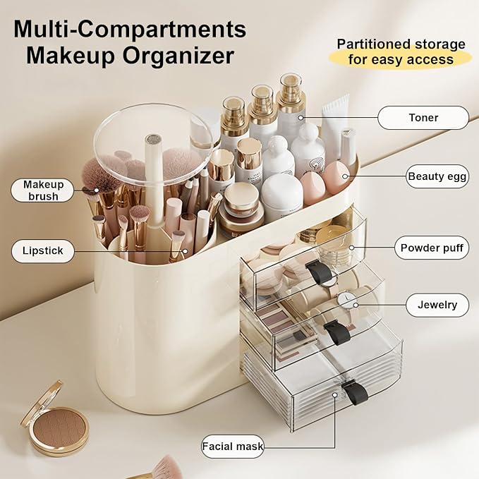 DASITON Makeup Organizer with 3 Drawers,Automatic Lifting Makeup Brush Holder with Lid,Large Capacity Makeup Organizers for Vanity,Bathroom Countertop,Ideal Storage Skin Care,Brushes,Lipstick (Cream) - Image 2