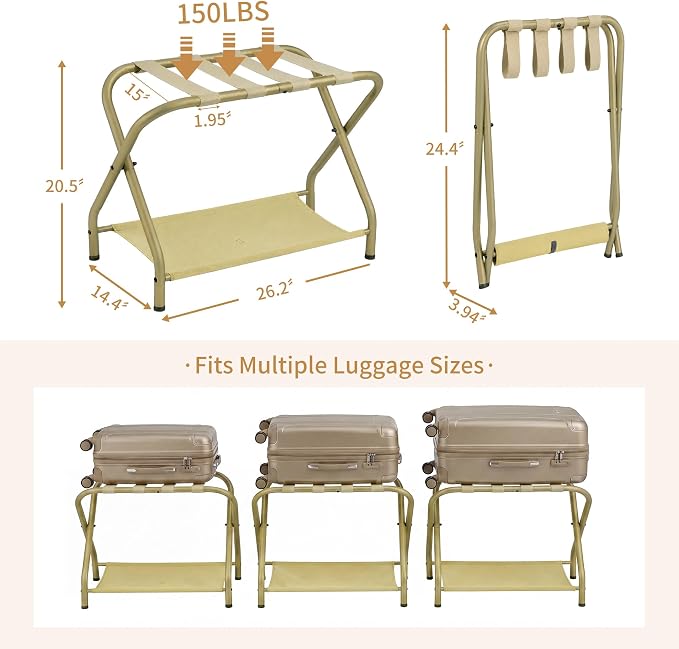 Heybly Luggage Rack for Guest Room, Pack of 2, Steel Folding Suitcase Stand with Storage Shelf for Bedroom, Hotel, Foldable Steel Frame, Guest Room 26.2" L x 14.4" W x 20.5" H, Gold HLR004J2 - Image 5