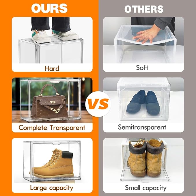 12 Pack Acrylic Clear Shoe Storage Boxes Size 12, Transparent Display Case for Sneaker Collections, Baseball Caps, Hat Organizer Dust-free Shoe Cubbies Stackable Sneaker Boxes - Image 4