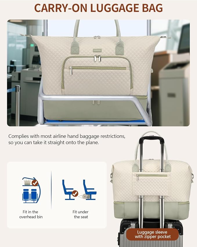 Weekender Bags for Women, Travel Duffle Bag Carry On Overnight Bag with Cosmetics Bag and Crossbody Purse for Gym Hospital, Gifts for Women, Beige Green - Image 6