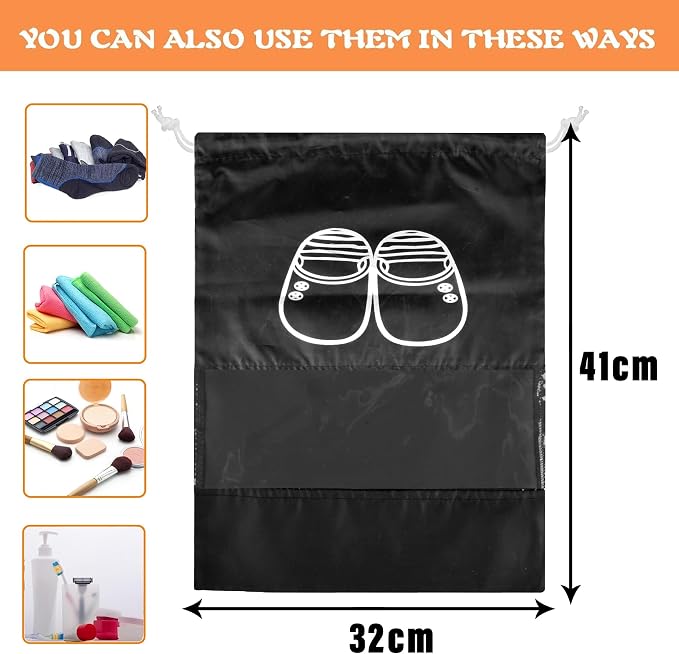 Kuber Industries Shoe Cover | Travel Shoe Storage Bags | Polyester Storage Bags | Drawstring Shoe Cover | Clear Transparent Shoe Storage Organizer | Pack of 12 | Black - Image 3