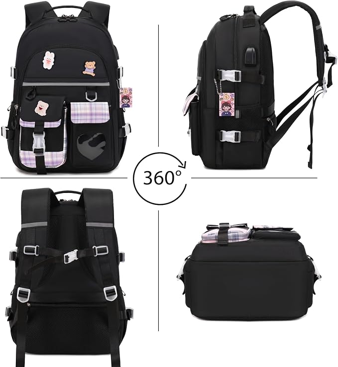ACESAK Backpack for Girls - Bookbag Backpacks Schoolbag for Girls Kids Teen Women Casual Travel Daypacks - School Bag Elementary Middle School College Cute Backpack with Lunch Box (Black Purple) - Image 5