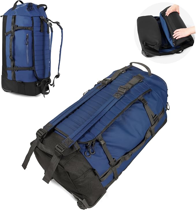 Vomgomfom 86L Foldable Duffle Bag with Wheels - Waterproof Rolling Travel Bag, Collapsible Luggage No Telescopic Handle, for Men Women Camping Sports Weekend Trips，Navy by Vomgomfom