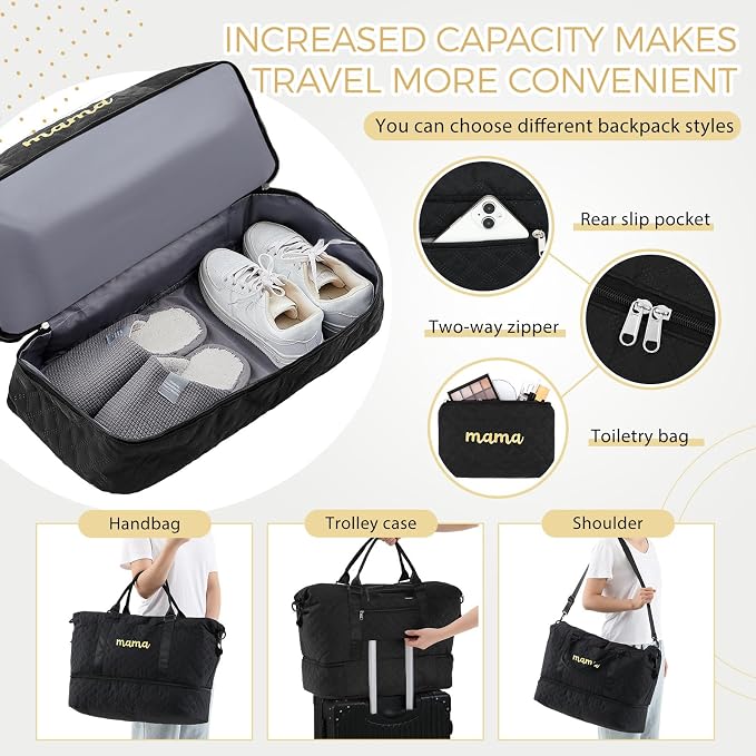 Dansydaisy Mama Hospital Bag for Women Labor Delivery Travel Duffle Bag with Shoe Compartment and Toiletry Pouch Waterproof Letter Embroidered for Pregnancy Weekender Overnight Gym Gift, Black - Image 3