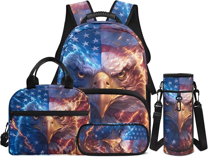 American Flag Eagle Backpack for Boys Kid's School Bag Bookbag with Insulated Lunch Bag and Pen Bag Pencil Case Water Bottle Holder Sling Bag Set by Unknown
